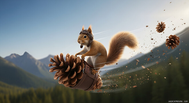 Crazy squirrel cartoon flying on a pinecone through the sky