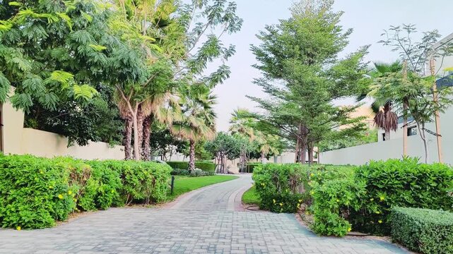 Walking path with lush green landscaping, featuring carpet grass, trees, palms and Washingtonias. Villas houses alongside greenery garden backyard. Interlocking stone pathway weaves through landscape.