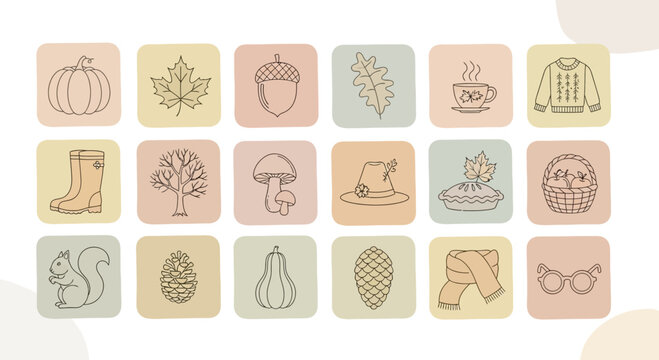 Autumnal icons illustration pumpkin leaf acorn seasonal elements vector