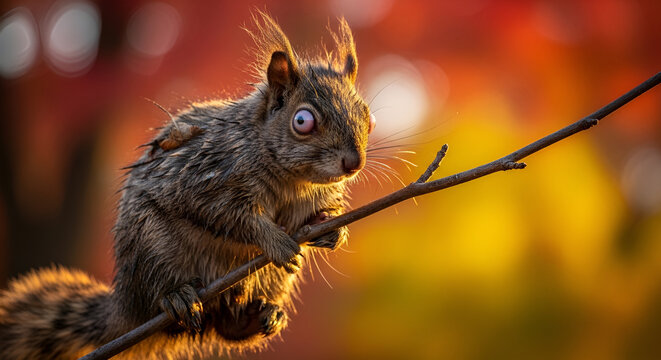 Crazy squirrel cartoon style with funny big eyes on a tree branch