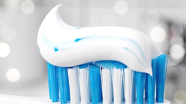 A close-up shot features a pristine white toothbrush with a generous, artfully swirled dollop of white toothpaste, accented with vibrant blue stripes, perched atop its vibrant blue and white bristles.