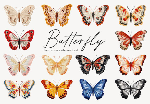 Colorful Embroidered Butterfly Designs Element Set