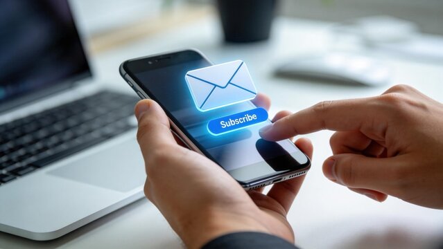 Person subscribing to email newsletter on smartphone with glowing subscribe button,online marketing and digital communication concept with mobile device