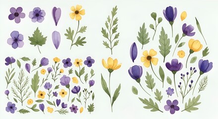 Elegant Handpainted Watercolor Abstract Purple and Yellow Wildflowers Botanical Bouquet with Green Leaves Vector Illustration Element Set for Wedding Invitation and Artistic Decorative Greeting