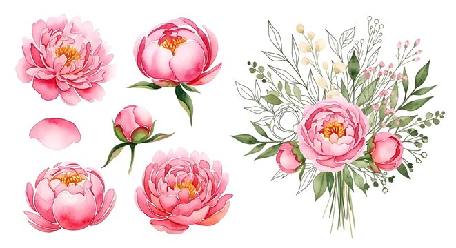 Artistic watercolor abstract pink peony botanical vector bouquet illustration floral set for elegant wedding invitation card and romantic garden bloom decoration
