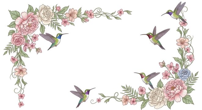 Artistic Pastel Hand Painted Floral and Hummingbird Illustration Background for Web Banner and Spring Botanical Greeting Card Design featuring Soft Watercolor Flower and Delicate Bird Artwork