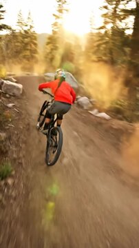 Sunset forest freeride rider carving trail in red jacket, cinematic golden hour light, dust plume and warm lens flare as rider launches over rocks and flows through berms with fluid motion