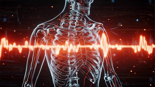 Human skeleton with glowing ribcage