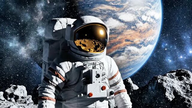 A lone astronaut in a white space suit with orange accents stands on a rocky surface, gazing at Earth rising over the horizon in a starry galaxy. Defects No defects found