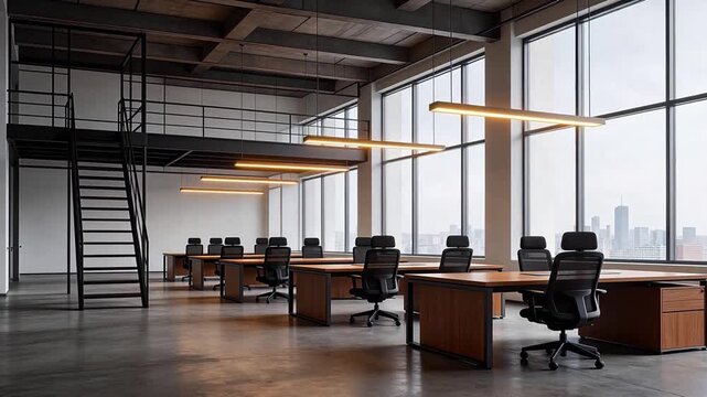 Modern industrial-style open-plan office with wooden desks, black ergonomic chairs, loft mezzanine, and floor-to-ceiling windows overlooking city skyline &mdash; empty workspace ready for business use
