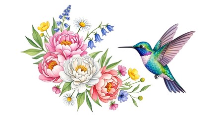 Obraz premium Artistic Watercolor Hummingbird Clipart with Vibrant Spring Wildflower and Floral Element Isolated Avian Garden Illustration for Delicate Nature Design and Greeting Card Painting Sketch Graphic