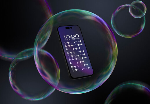 Futuristic Smartphone Mockup Amidst Colorful Bubbles PSD