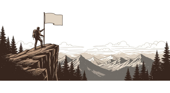 Man reaching mountain summit planting flag vector illustration