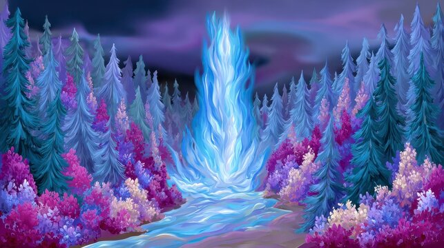 Enchanted Forest: Blue Flame, Trees & Fantasy Landscape