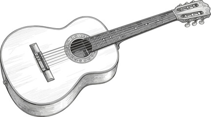 Fototapeta premium Detailed black and white illustration of a classical acoustic guitar, showcasing intricate strings, soundhole, and fretboard, perfect for music-themed projects and artistic uses