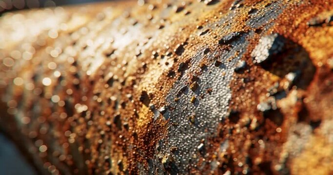 An extreme close-up view of heavily rusted metal reveals intricate textures, vibrant earthy tones, and shimmering mineral deposits, showcasing severe corrosion and natural decay