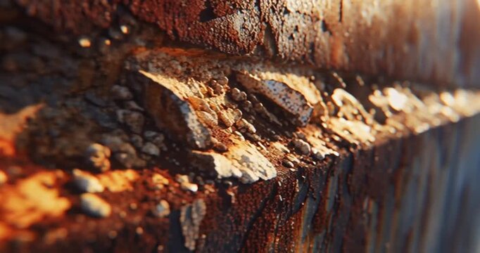 Close-up view of weathered and corroded metal beam, showcasing rough texture and rust patterns under warm light