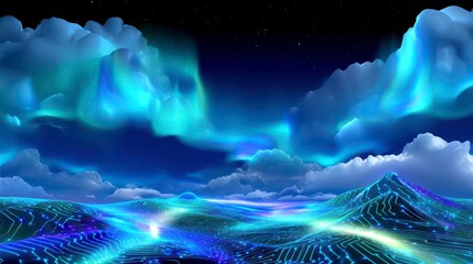 Obraz premium Aurora Digital Landscape: Technology, Cloud, Circuitry