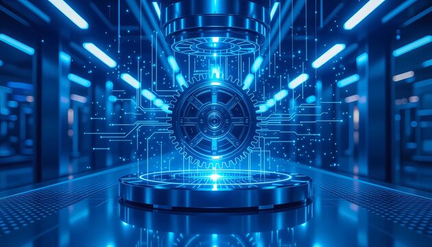 Industrial automation and digital innovation with metallic gear technology for cyber engineering futuristic concept