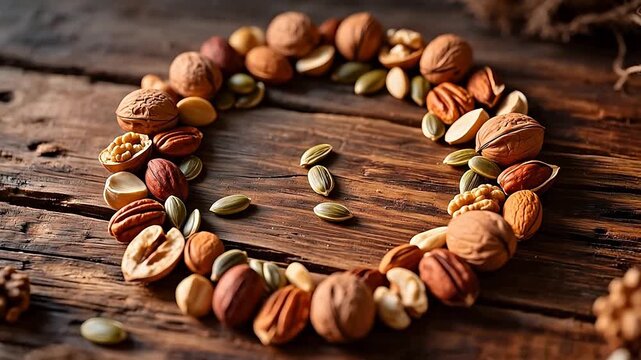 Assorted nuts arranged in a heart shape