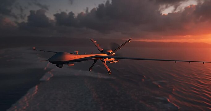 Advanced military reconnaissance drone flying at a low angle over an ocean expanse during a breathtaking twilight sunset, symbolizing modern defense and surveillance capabilities