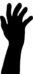 Minimalist black silhouette of a human hand raised up with open palm and fingers isolated on white background