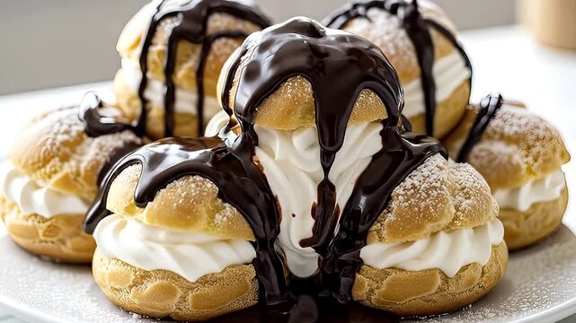 A decadent close-up shot captures the irresistible allure of freshly baked cream puffs. Rich, dark chocolate ganache is slowly drizzled over the golden choux pastry shells, generously filled with lusc