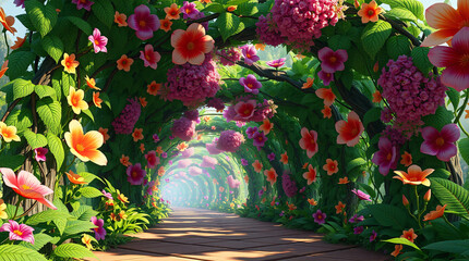 Obraz premium Magical 3D Fantasy Forest Path Through a Lush Tunnel of Vibrant Blossoms and Green Vines with Soft Cinematic Lighting
