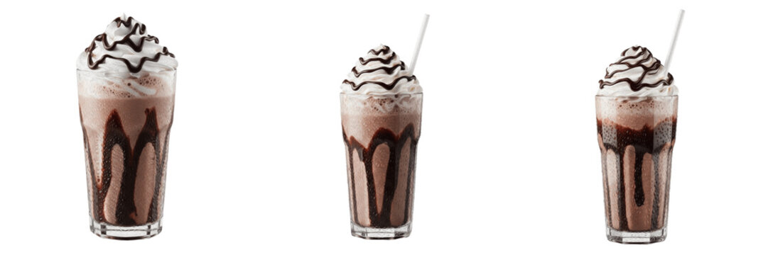 Set of chocolate milkshake frappes with whipped cream and syrup drizzle isolated on transparent background