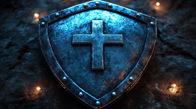 Worn medieval crusader knight shield with cross on dark stone background with warm candle light bokeh
