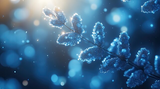 Macro shot of frosted fern leaf with soft blue bokeh background, winter nature closeup with golden light glow and delicate ice crystals