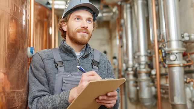 Young male plumber inspecting industrial pipe system, trades professional, mechanical engineer