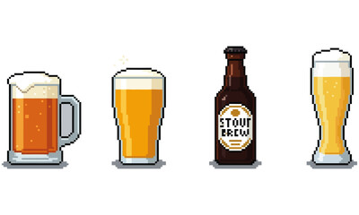 A charming pixel art collection of classic beer types a traditional mug, a tall pint glass, a dark stout bottle, and a crisp pilsner, ideal for retro game themes and digital designs