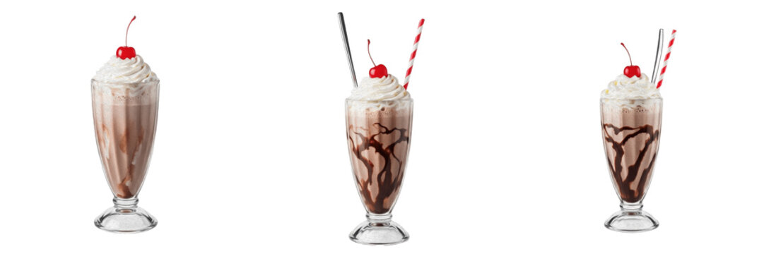 Set of chocolate milkshakes with whipped cream and maraschino cherry on top isolated on transparent background