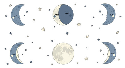 Naklejka premium Cute cartoon moon phases with sleeping faces and stars in the night sky