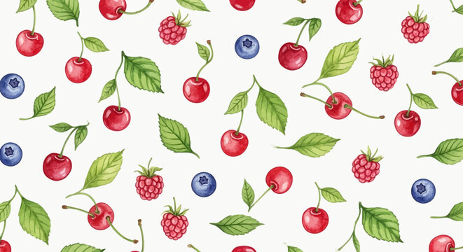 Watercolor illustration of mixed berries and leaves on white background seamless pattern