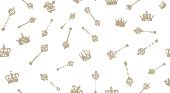 Golden crowns and scepters on white background royal symbols pattern