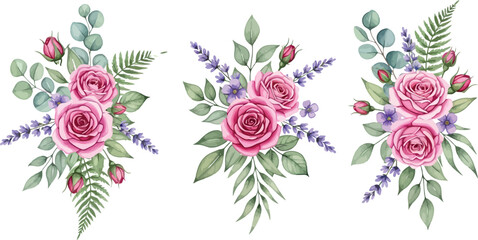Beautiful watercolor pink roses and lavender floral bouquets with eucalyptus and fern leaves on a clean white background, delicate illustration.