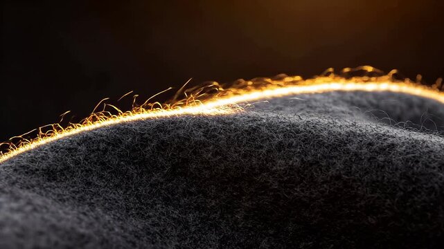 Gray furry object with golden glowing ring on dark background