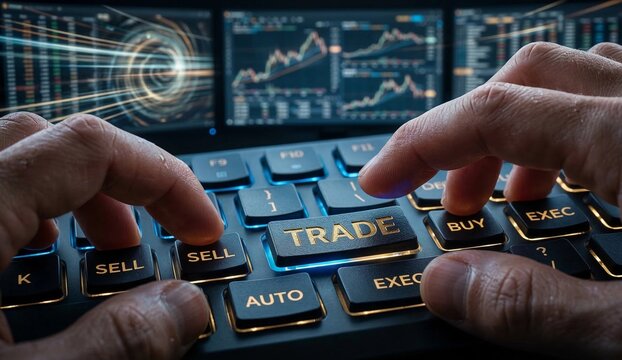 Cinematic macro close-up of two tensed hands poised to trade on a mechanical keyboard, dynamic swirling financial data and motion trails in background, forex trading