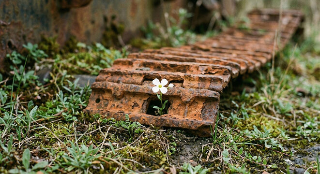 white flower growing through rusted tank tread