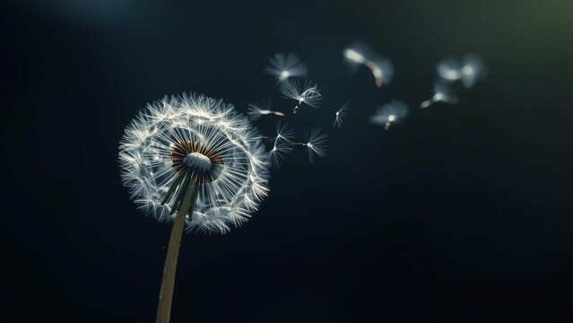 Lonely dandelion with flying seeds in the wind. Symbol of sadness, grief, solitude and fleeting life. Poetic and emotional nature background for loss, mourning and farewell themes	