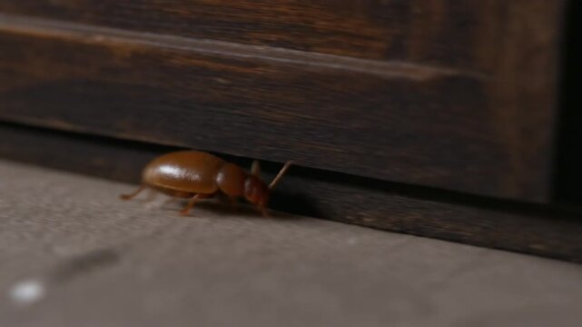 Macro shot of a bed bug emerging from a wooden baseboard gap
