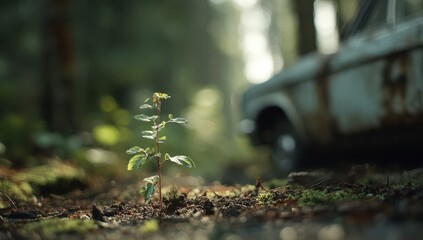 Fototapeta premium Resilience - A Tiny Sprout Emerges Near a Decaying Car in a Lush Forest.
