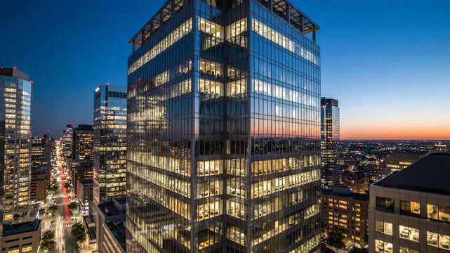 Illuminated modern glass skyscrapers in a bustling city at dusk