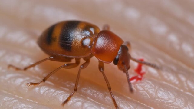 Macro Shot of Bed Bug Biting Human Skin and Feeding on Blood