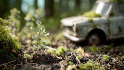 Nature Reclaims - Moss-Covered Toy Car in Forest, New Growth.