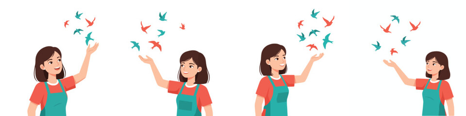 Obraz premium Woman releasing birds into sky with transparent background