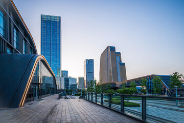 Fototapeta premium Stunning Urban Landscape Capturing Modern Architecture in Soft Evening Light