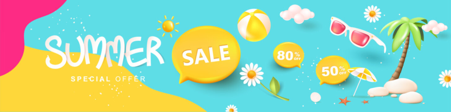 Colorful summer sale banner background with tropical elements like palm tree umbrella and sunglasses on vibrant background